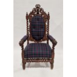 Late 19th/early 20th century carved oak throne chair with later upholstered seat, back, base and