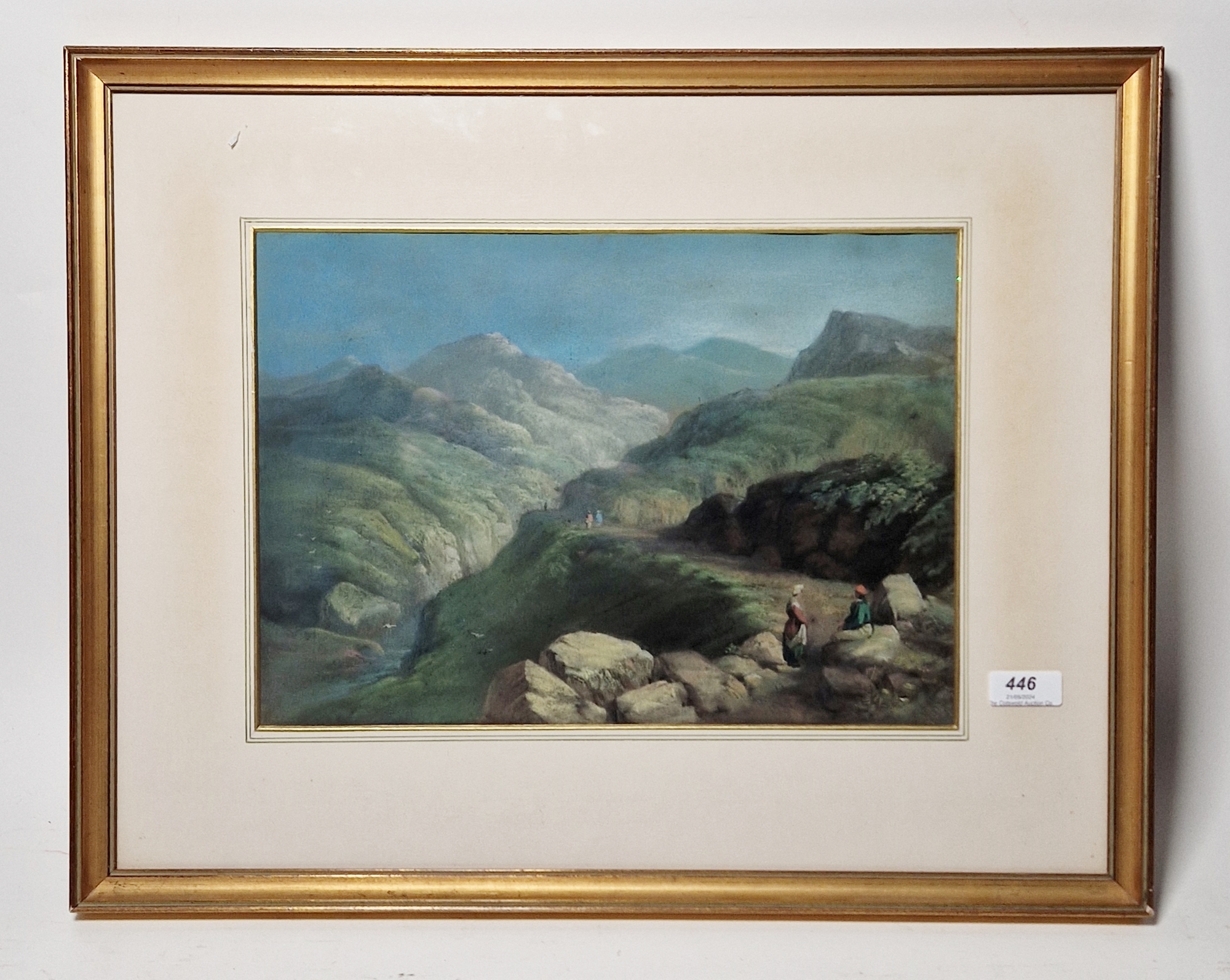 19th century continental school Pastel on paper Mountain scape with figures on a path, - Image 4 of 4