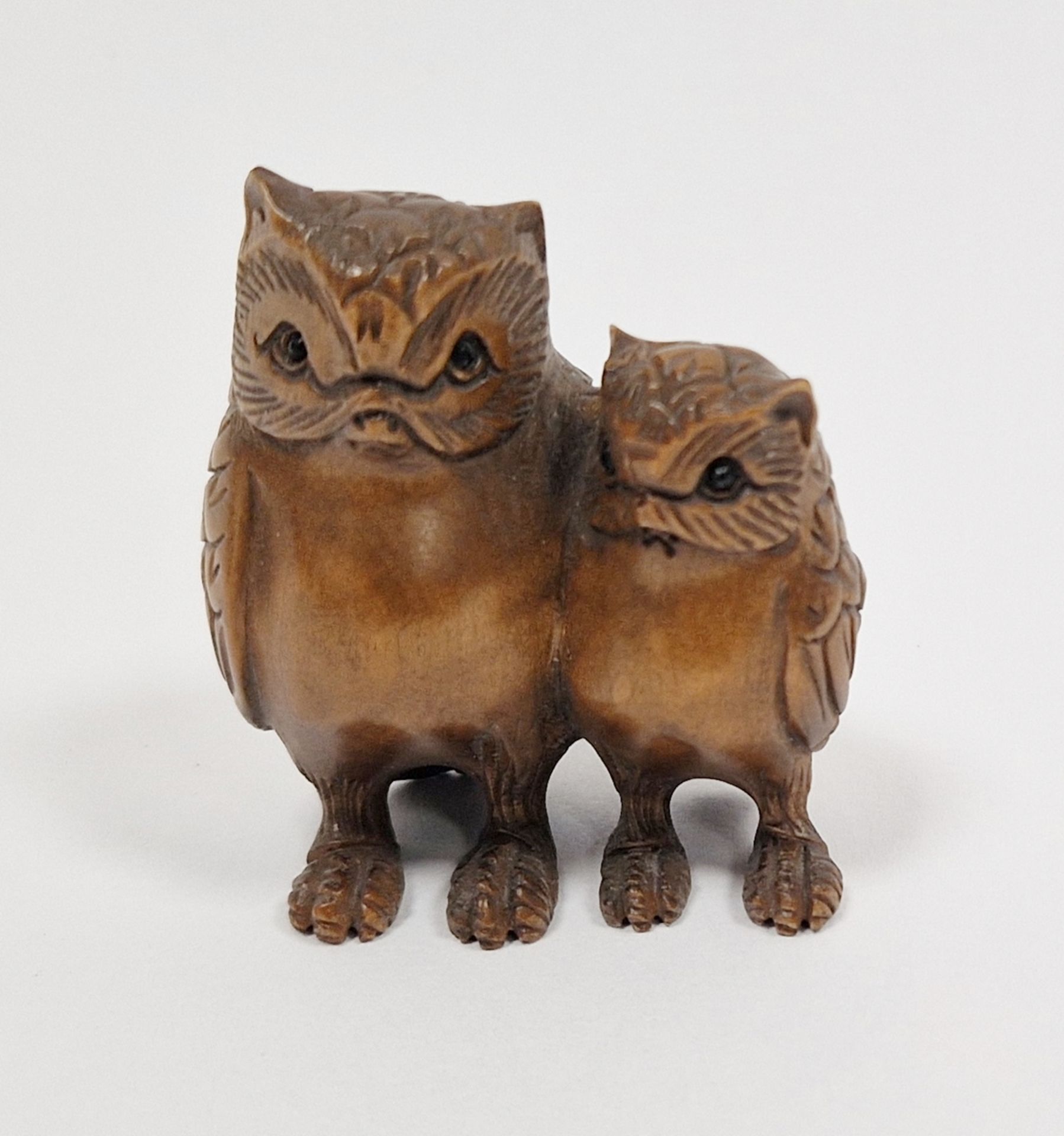 Japanese carved wood model inro of two owls pierced side by side, the larger with pierced - Image 4 of 6