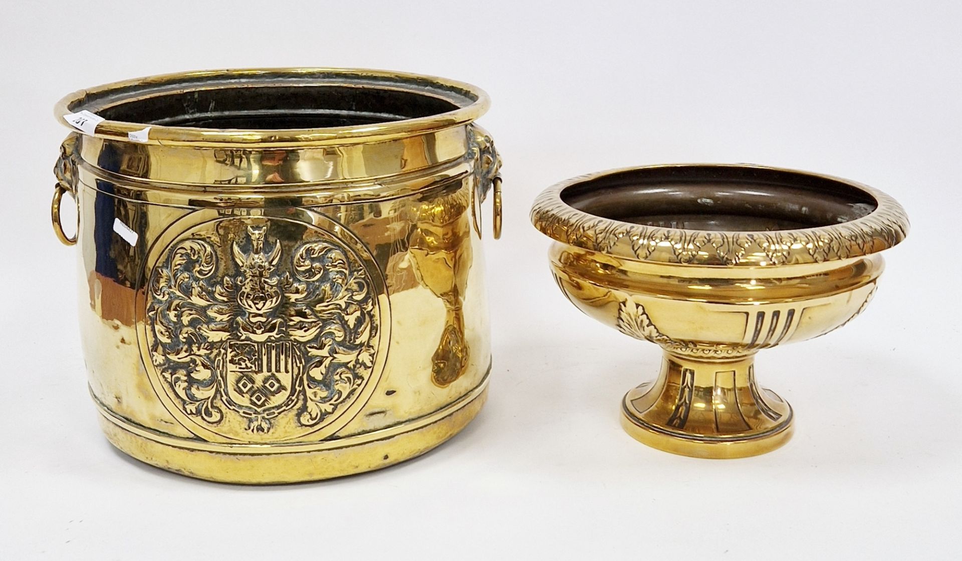 Edwardian embossed brass coal scuttle of cylindrical form, decorated with a mantled armorial, with - Image 3 of 6