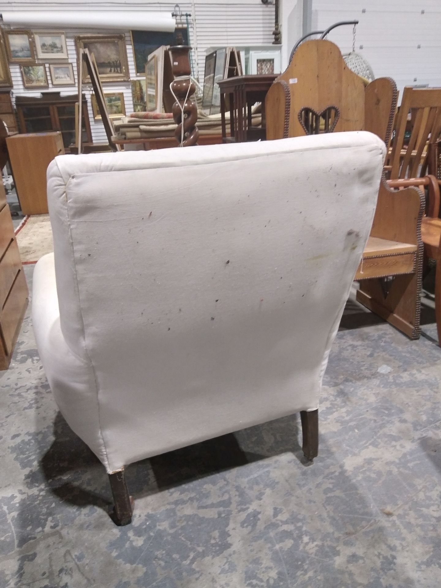 Late 19th century armchair with white upholstery, on turned front legs and castors, 90cm high - Image 13 of 14