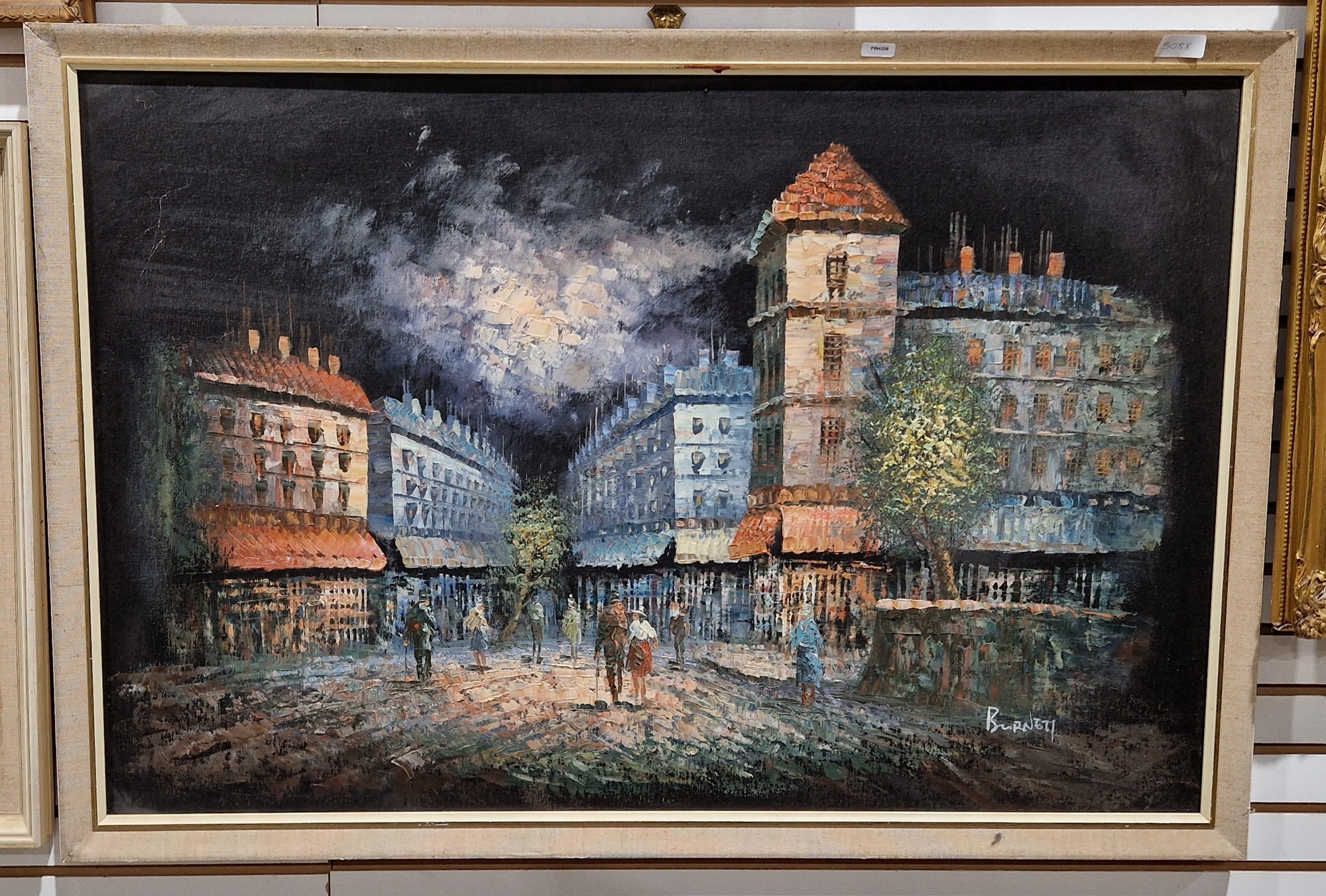 Burnett (20th Century) Oil on board Continental street scene, signed lower right, 89cm x 59cm - Bild 2 aus 3