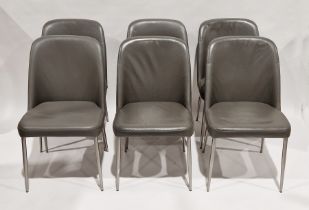 Set of six vintage faux leather grey upholstered dining chairs with tapering metal legs, 88cm