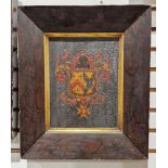 Two 19th century framed painted coaching armorial panels, each with coat of arms swagged or