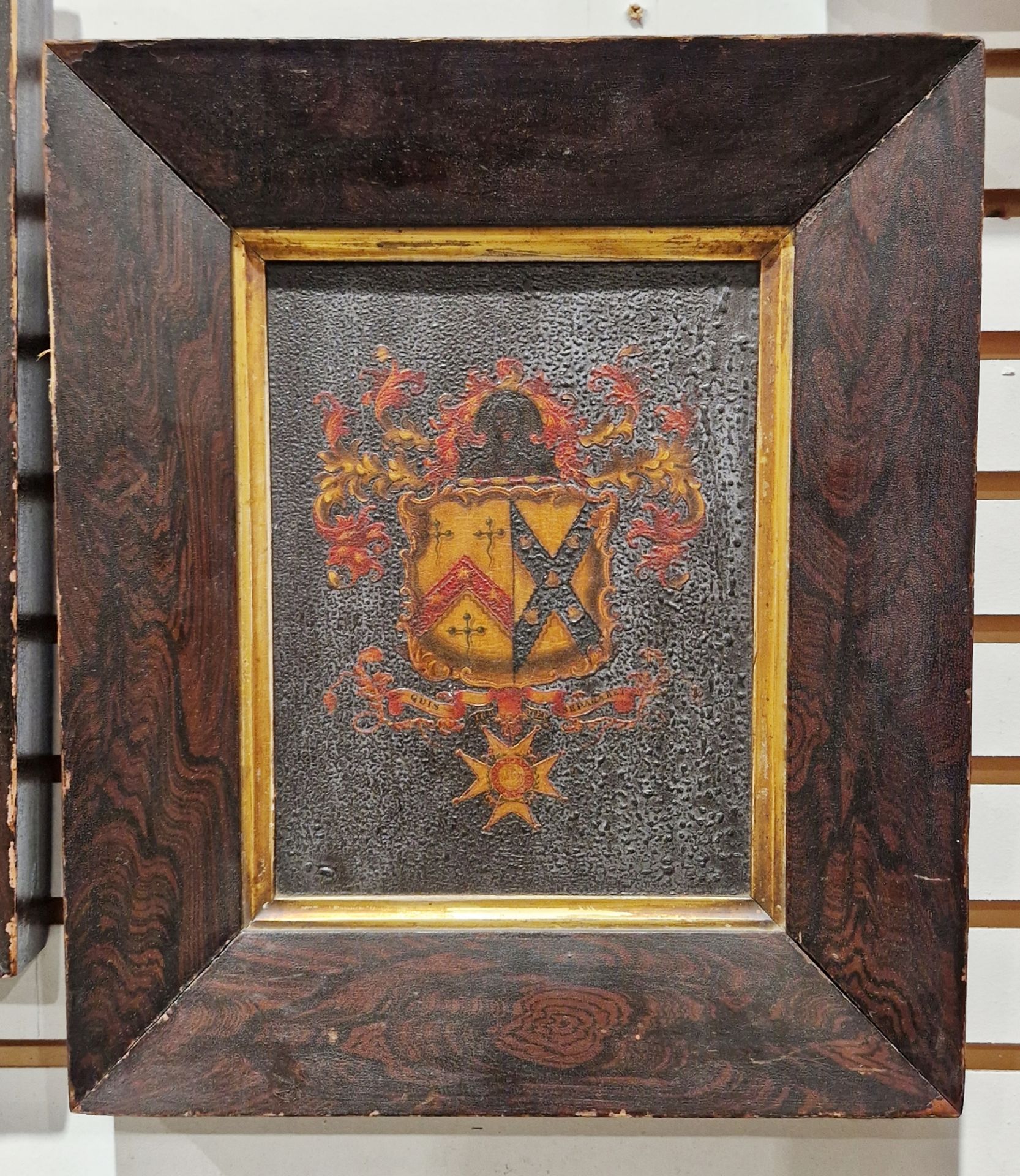 Two 19th century framed painted coaching armorial panels, each with coat of arms swagged or