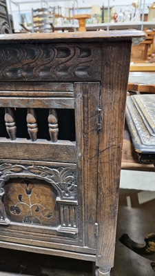 18th century oak dole cupboard, the two cupboard doors with turned spindle sections, carved and - Image 11 of 25