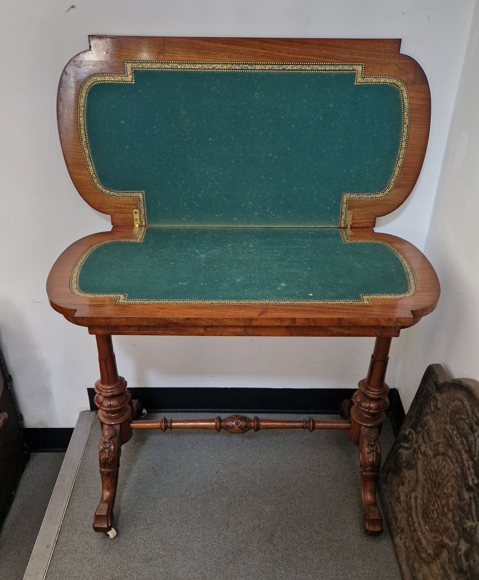 Late 19th century burr walnut hall table with inlaid marquetry scrolling foliate motifs, on carved - Image 2 of 4