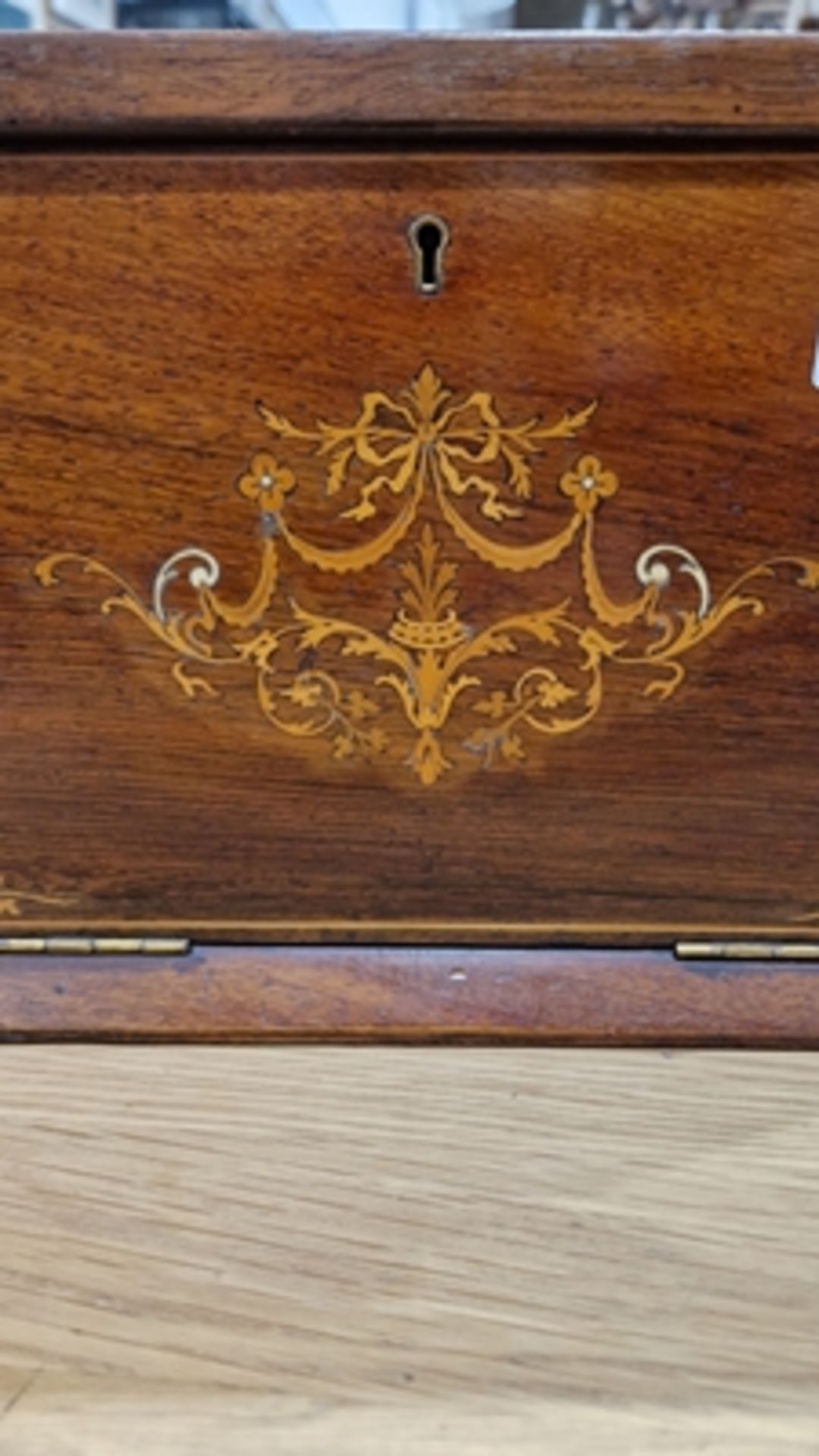 Edwardian marquetry inlaid fall-front stationery casket, the front with leather lined fold-out - Image 24 of 54