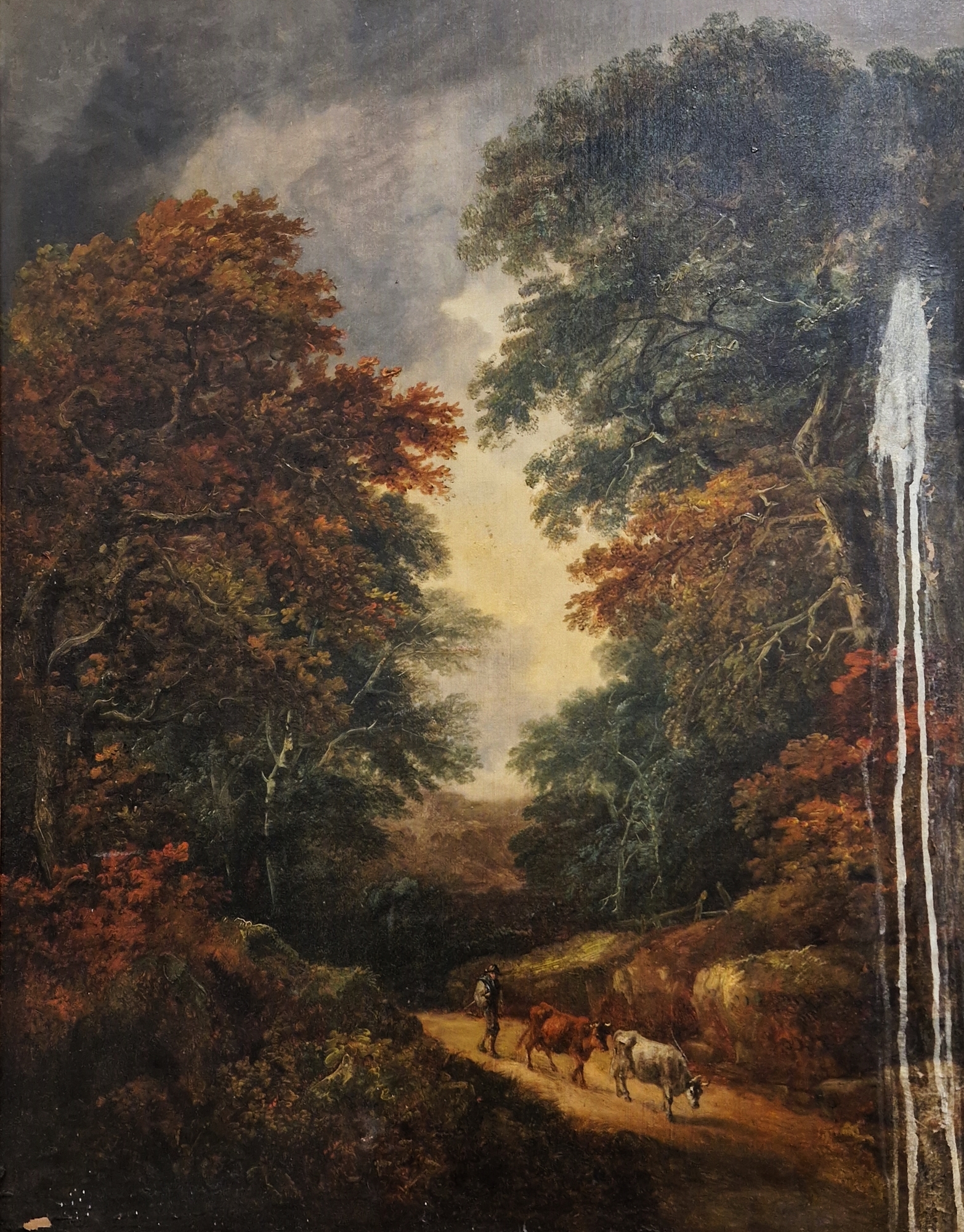 19th century school Oil on canvas Woodland scene with figure and two cows on path, unsigned, image