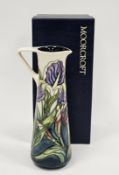 Contemporary Moorcroft tapering cylindrical jug decorated with iris pattern by Rachel Bishop, signed