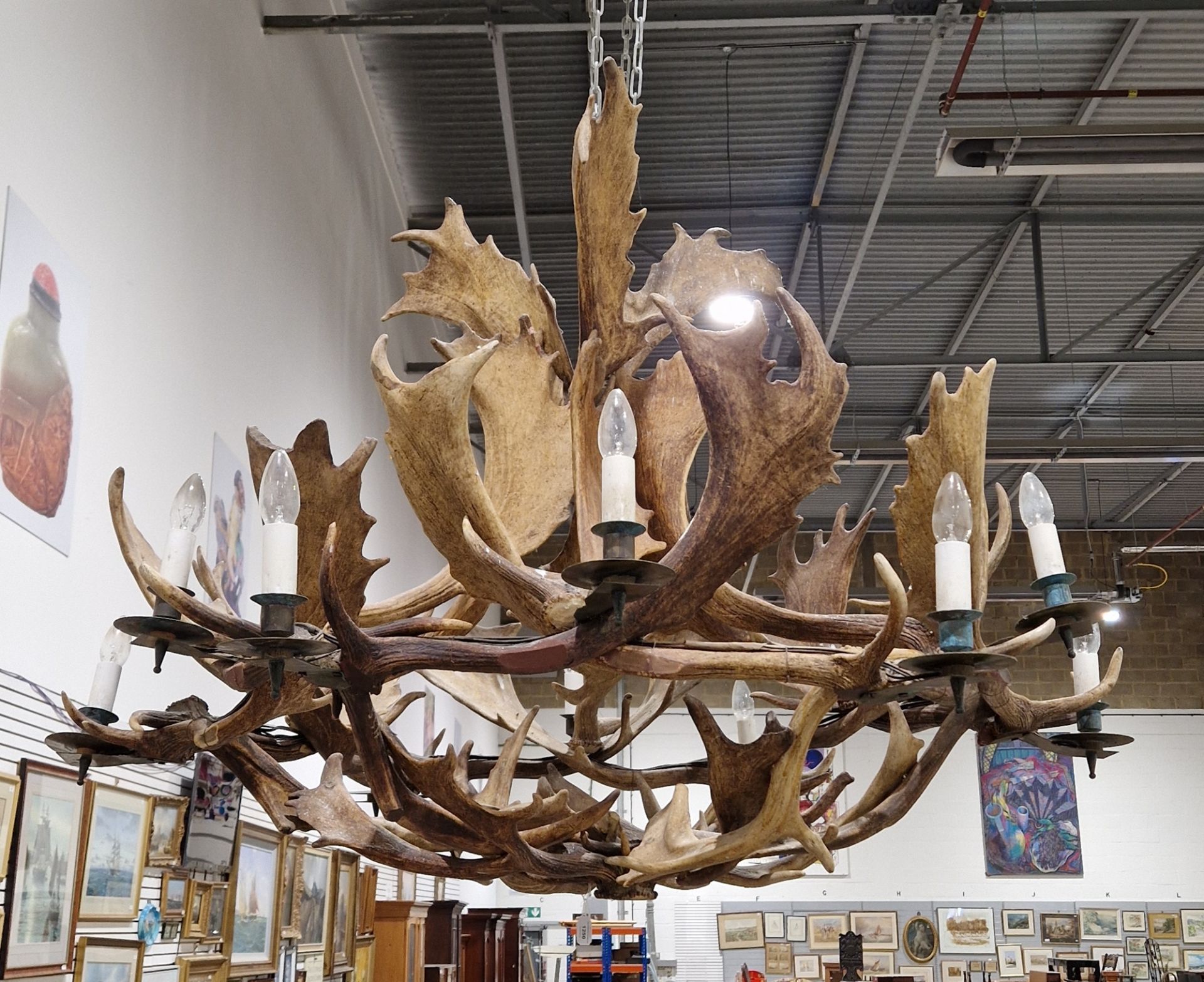 Large 20th century twelve light Stag antler chandelier/electrolier, measuring approximately 130cm - Image 4 of 4