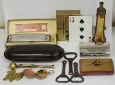 Koch chromatic harmonica in original box, three vintage bottle openers, a chrome coin purse, a