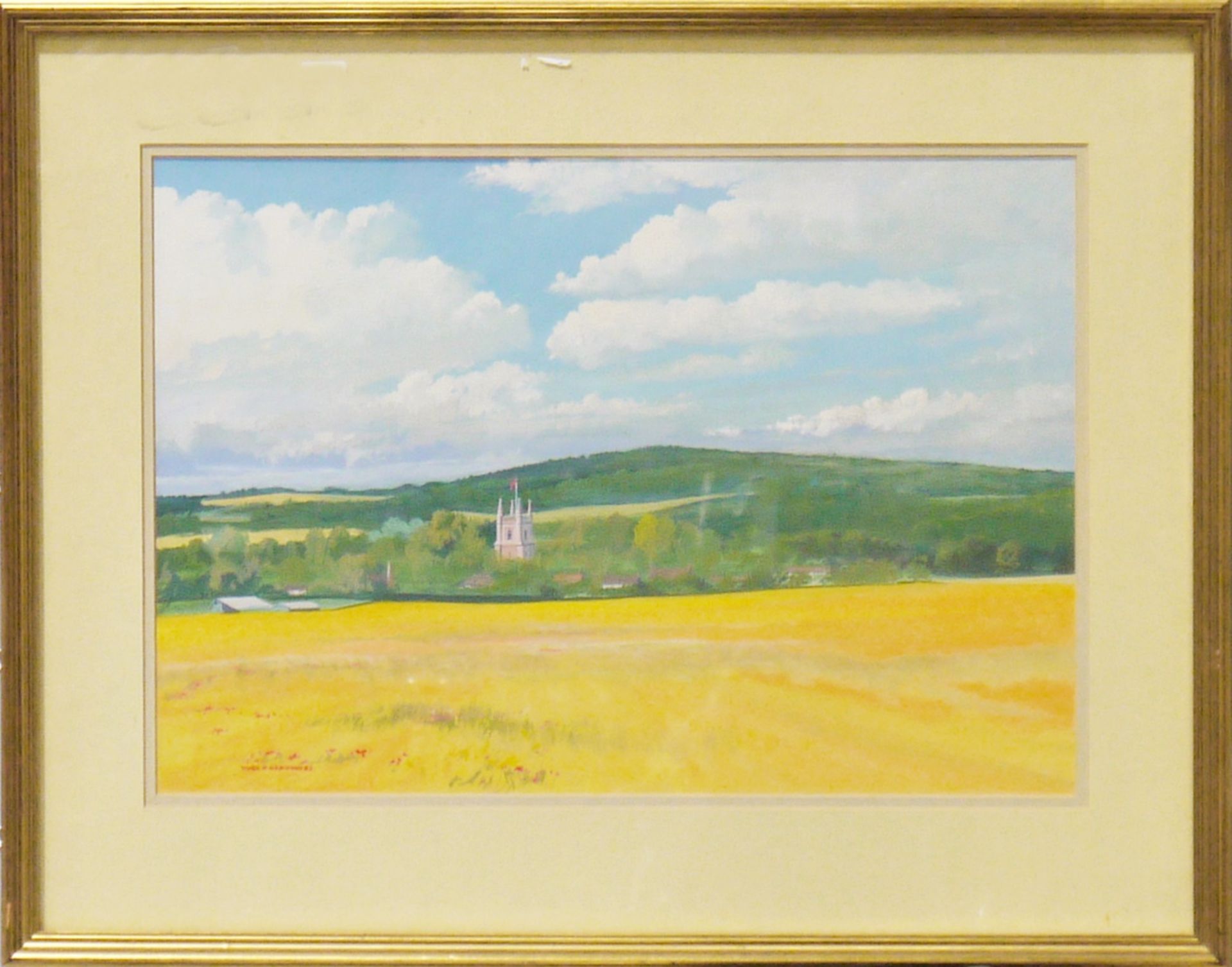 Hugh K. Harwood Acrylic and gouache on paper Rural landscape with church in distance, signed and