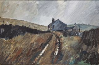 Tom Durkin (1928-1990) Oil on canvas Rural landscape with dwellings on an overcast day, signed lower