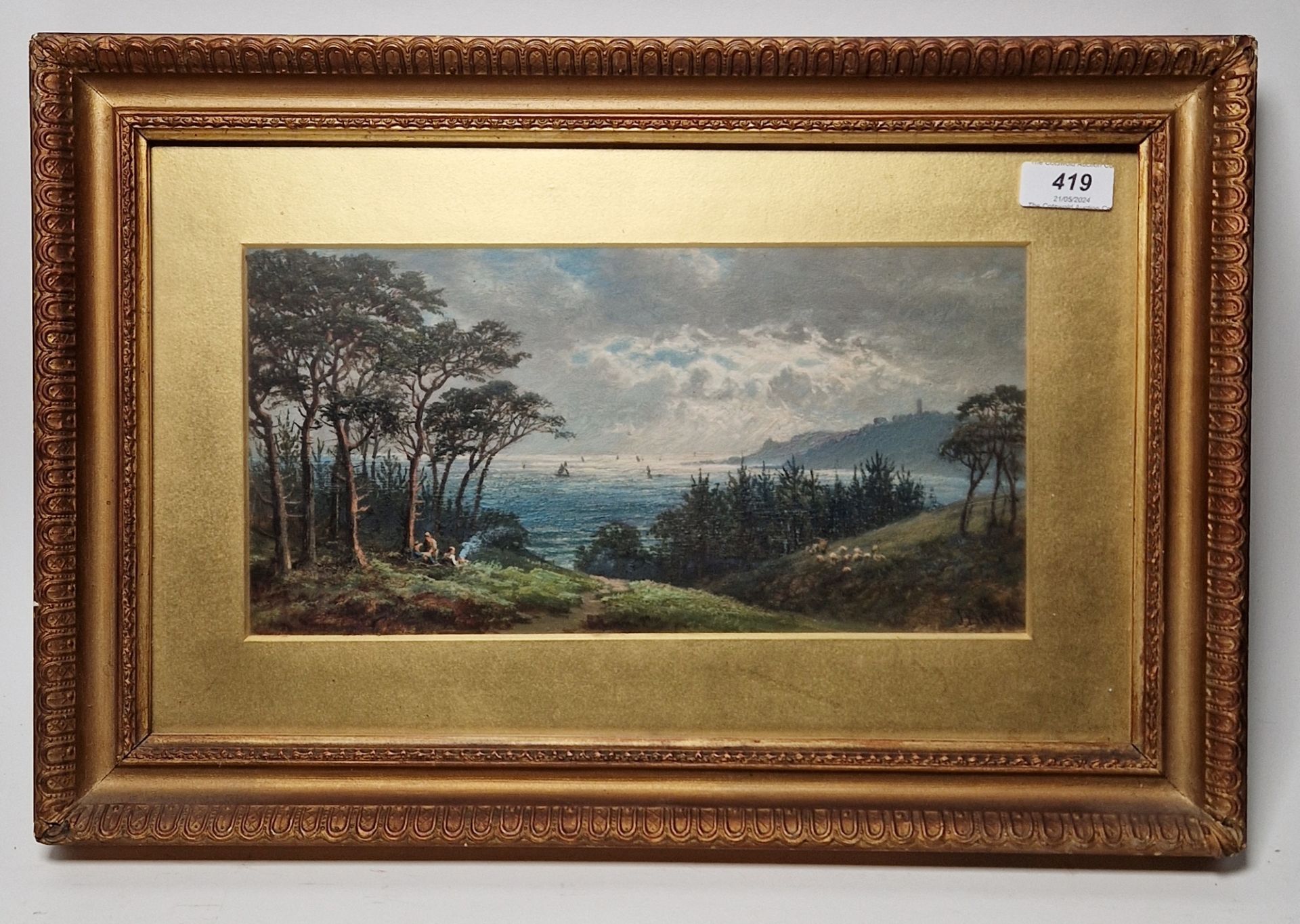 John Barrett (1822-1893) Oil on board Figures before woodland in seascape, signed lower right, 15. - Image 2 of 3