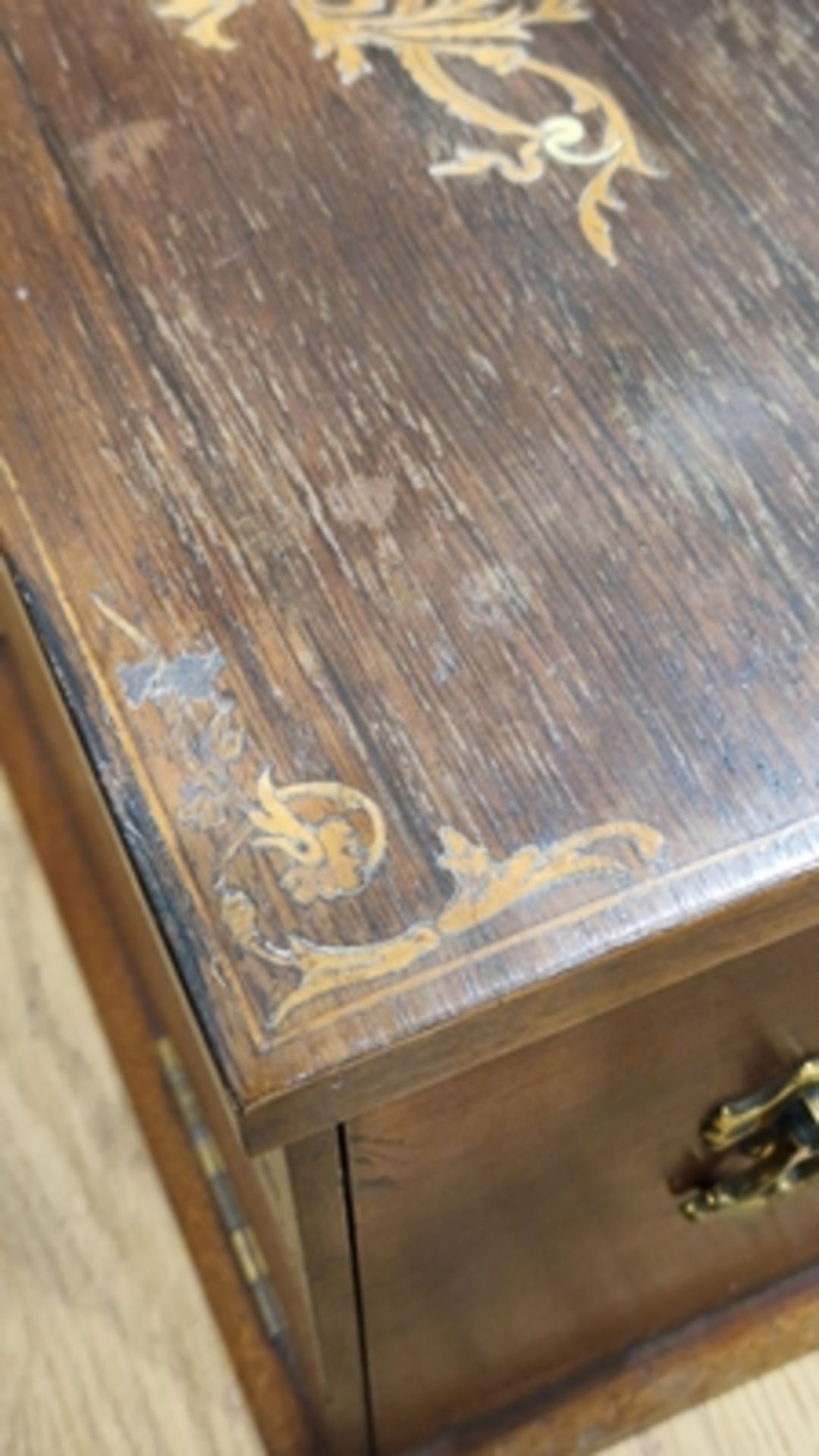 Edwardian marquetry inlaid fall-front stationery casket, the front with leather lined fold-out - Image 3 of 54