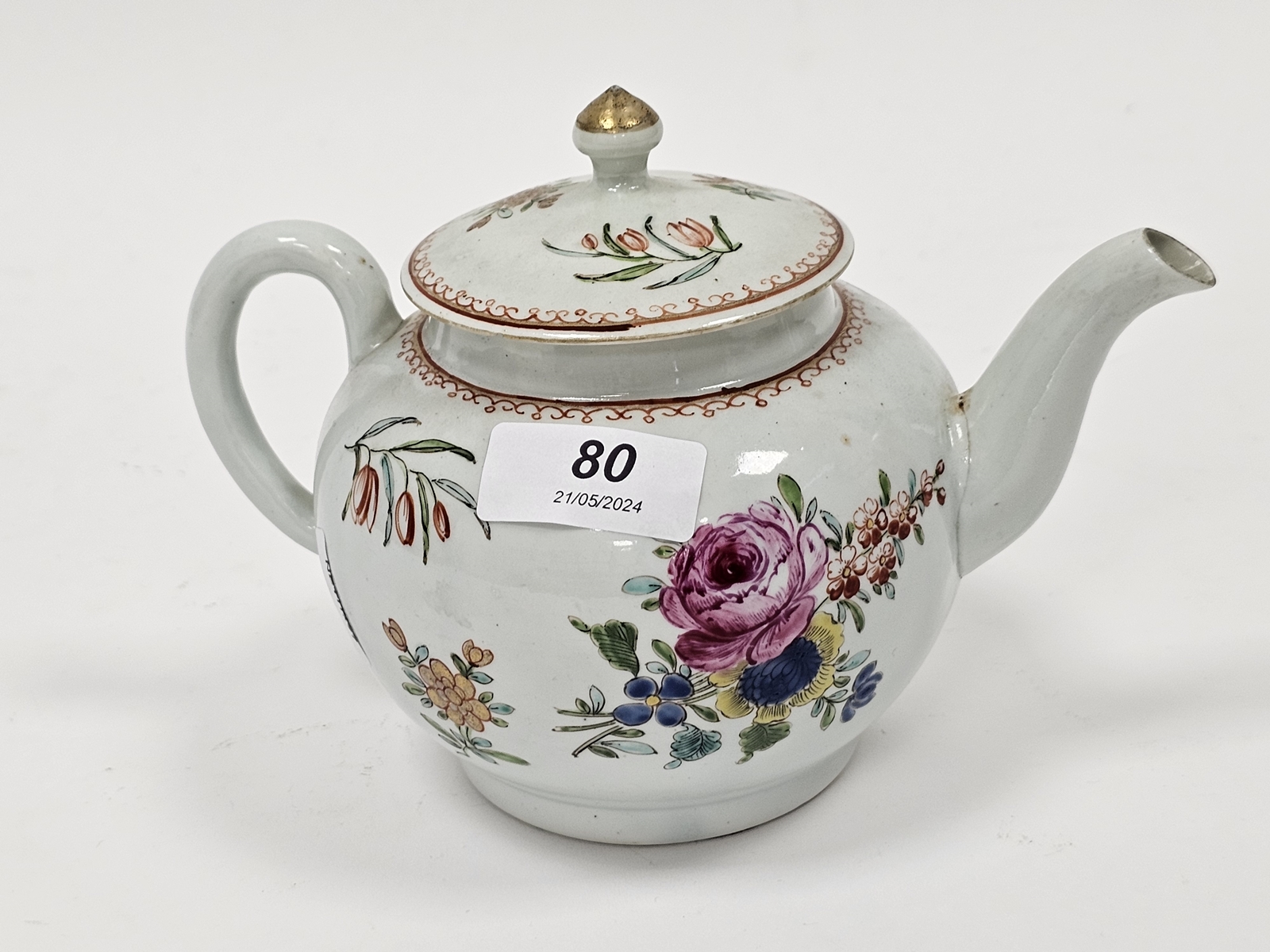 Worcester famille rose pattern teapot and cover, circa 1770, painted with loose bouquets of - Image 2 of 6