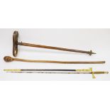 Early wood and metal shooting stick with wooden seat incised with stag, possibly early version by