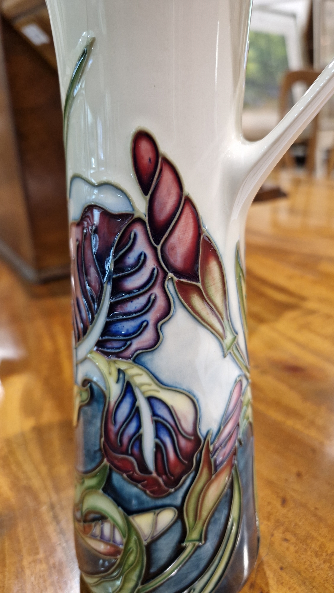 Contemporary Moorcroft tapering cylindrical jug decorated with iris pattern by Rachel Bishop, signed - Image 28 of 32