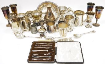 Assortment of silver plated wares to include trophies, twin-handled dish, mugs, tankards and other