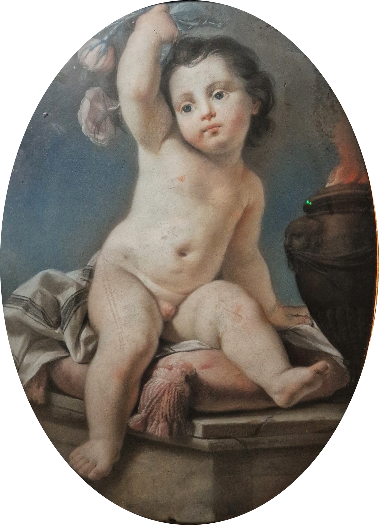 18th century Italian School Pastel drawing on paper Putto, seated on a cushion beside a flaming urn, - Bild 3 aus 4