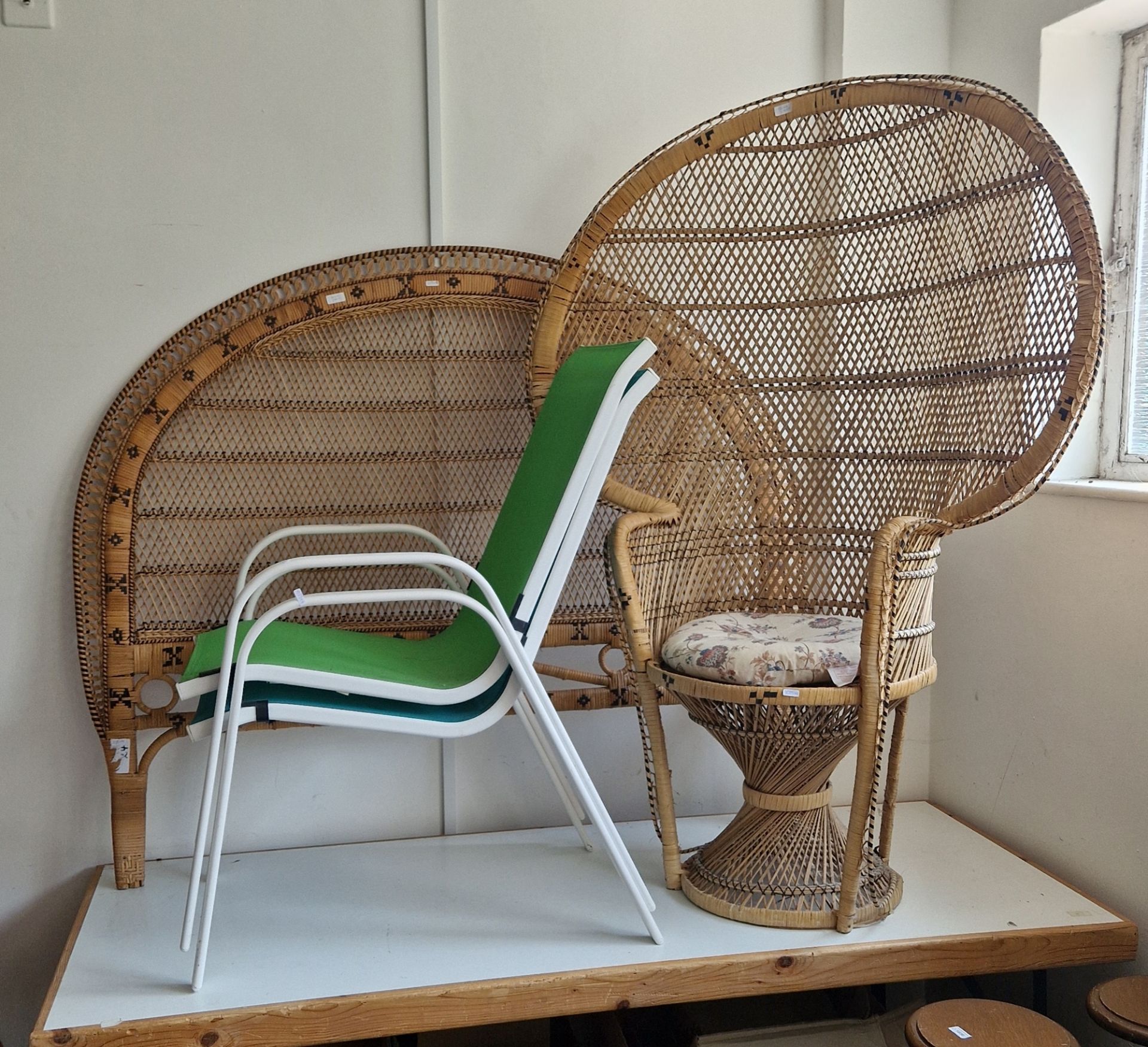 Mexicana-style cane chair, a matching 4ft bedhead, two nylon mesh and metal garden chairs, a box