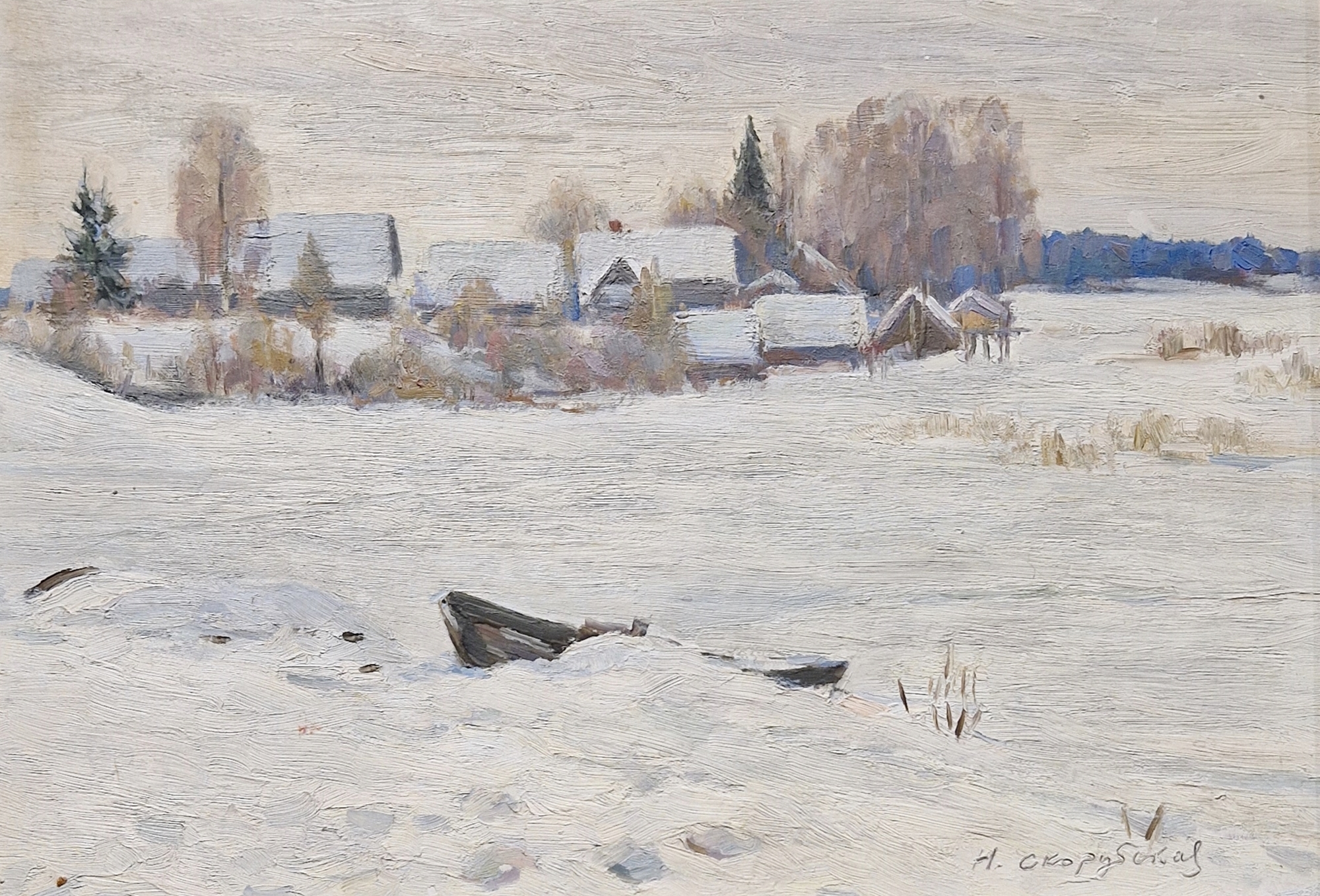 Nina Vasiljevna Skorubskaja (1918-2010) Oil on board Hamlet in winter landscape, signed lower right,