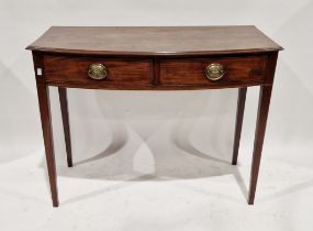 Georgian mahogany bowfronted side table with stringing, two frieze drawers with brass drop handles