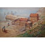 Frank Rousse (act. 1894-1917) Watercolour Whitby coastal scene with fisherfolk, signed lower left,