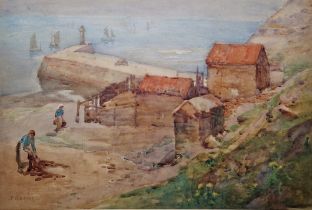 Frank Rousse (act. 1894-1917) Watercolour Whitby coastal scene with fisherfolk, signed lower left,