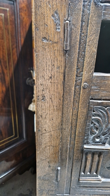 18th century oak dole cupboard, the two cupboard doors with turned spindle sections, carved and - Image 22 of 25
