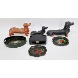 Three carved and painted wooden models of dachshunds, assorted models of carved and painted wood and