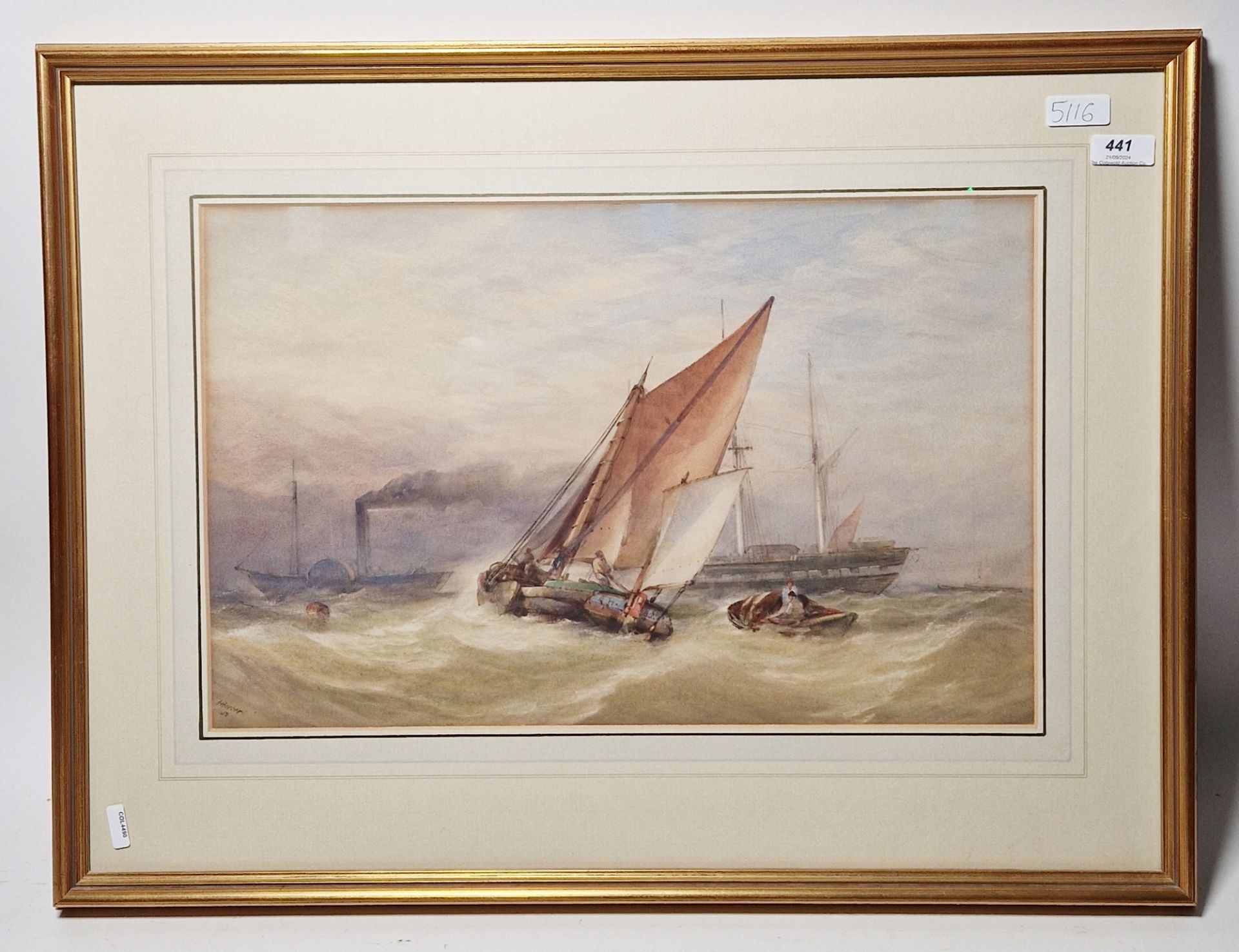 Alfred Herbert (1818-1861) Watercolour Seascape with steamship towing a barque, Inscribed - Image 2 of 3
