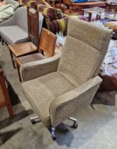 20th century fabric upholstered swivel office chair, possibly by Parker Knoll, on polished metal