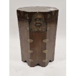 Asian brass-bound octagonal stained wood canister having flowerhead engraved lock plate, 46cm x 31cm