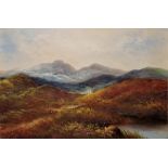 Late 19th century Scottish School Oil on board Figures in Highland landscape, 47 cm x32 cm