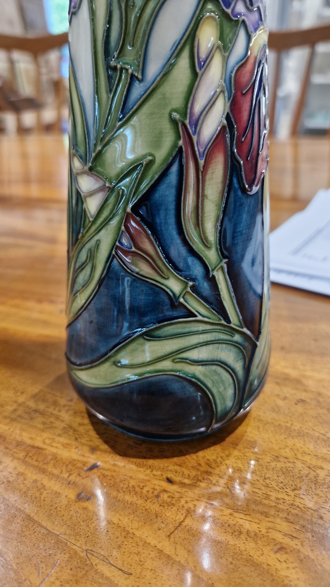 Contemporary Moorcroft tapering cylindrical jug decorated with iris pattern by Rachel Bishop, signed - Image 7 of 32