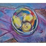 Erica Berry Mixed media Stylised still life depicting lemons in a bowl, signed lower right, framed