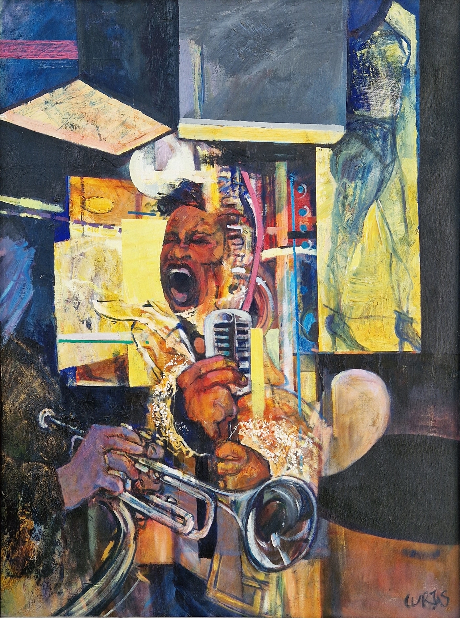 Andrew Curtis Oil on canvas Jazz singer with microphone and trumpeter, signed ‘CURTIS’ in capitals