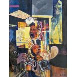 Andrew Curtis Oil on canvas Jazz singer with microphone and trumpeter, signed ‘CURTIS’ in capitals