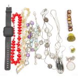 Assorted costume jewellery to include necklaces, a Pandora-style charm bracelet, a Smart watch, a