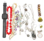 Assorted costume jewellery to include necklaces, a Pandora-style charm bracelet, a Smart watch, a