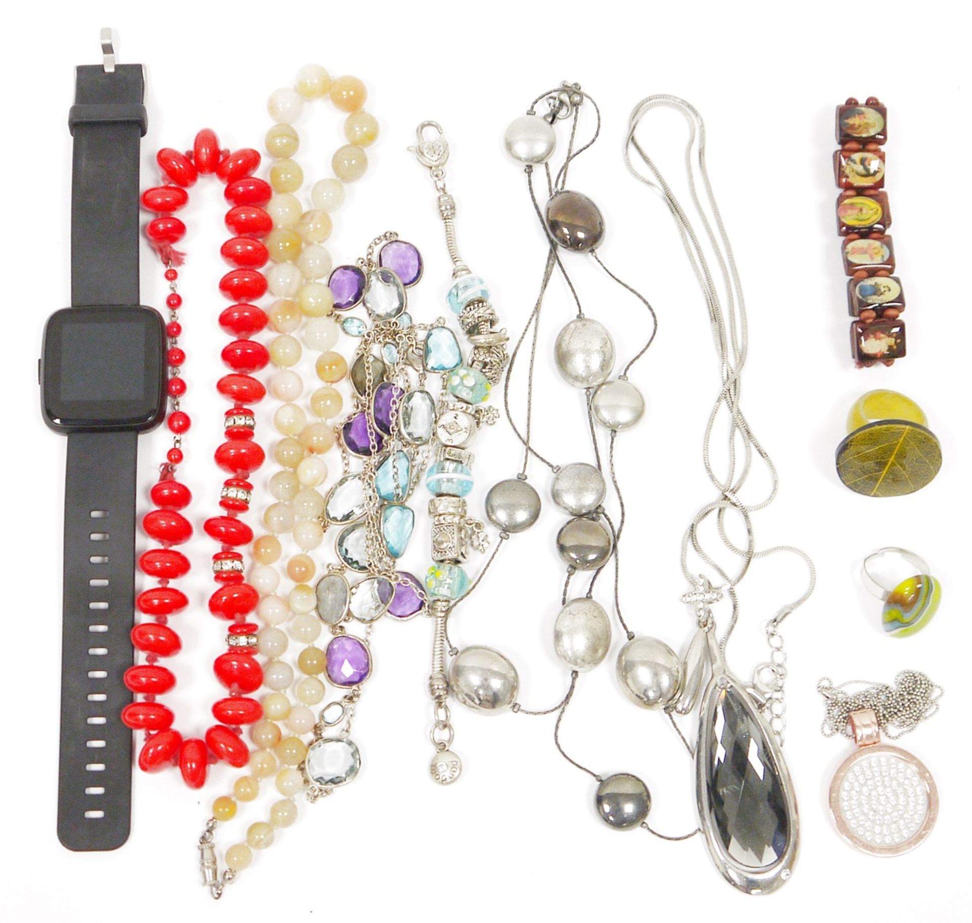 Assorted costume jewellery to include necklaces, a Pandora-style charm bracelet, a Smart watch, a