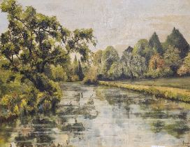 Jeremy Evans (20th Century) Oil on canvas Wooded river landscape view, signed lower right 40cm x