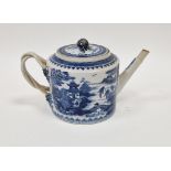 Chinese export blue and white cylindrical teapot and cover, circa 1780, transfer printed in blue