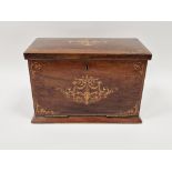 Edwardian marquetry inlaid fall-front stationery casket, the front with leather lined fold-out