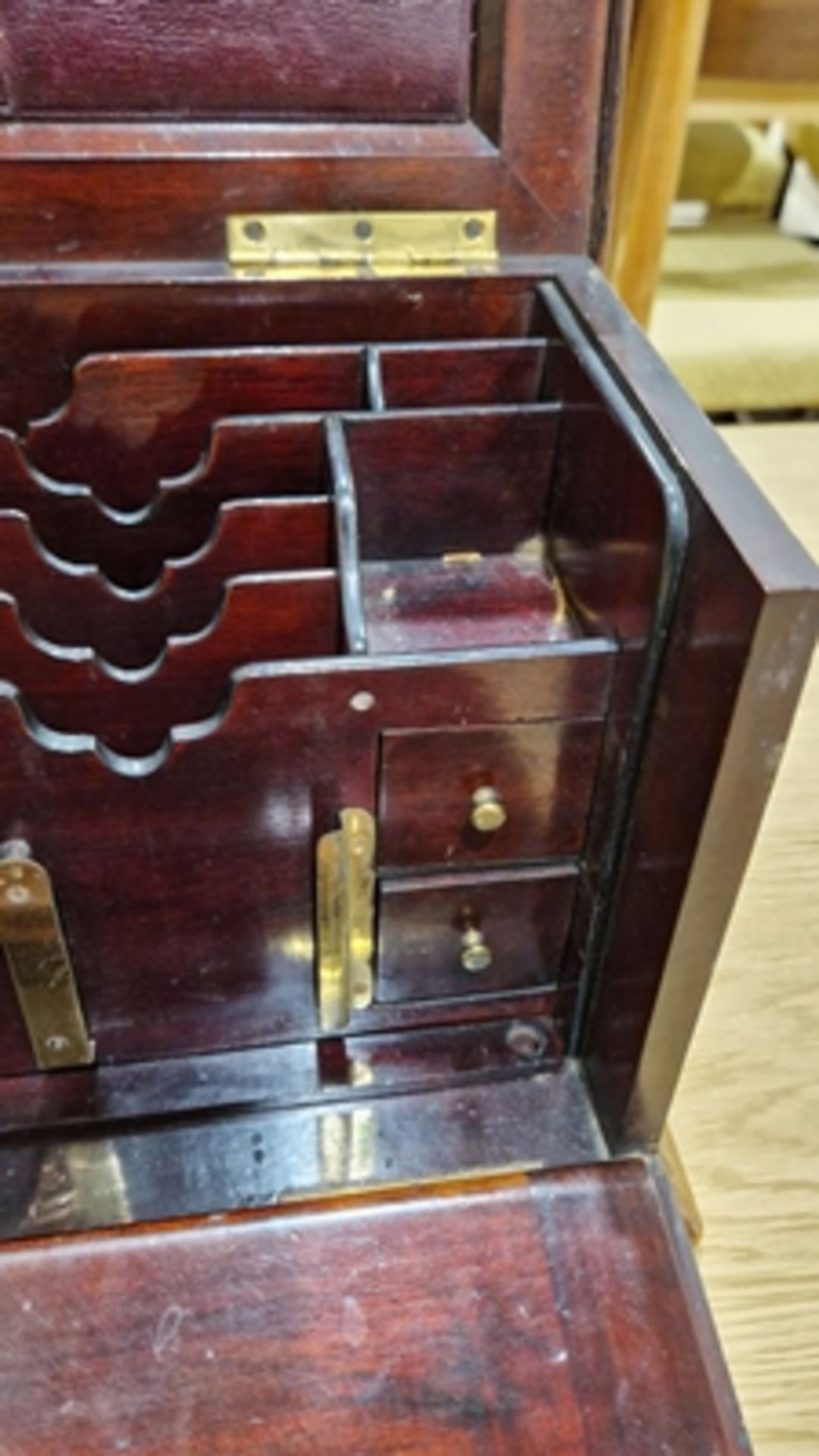 Edwardian marquetry inlaid fall-front stationery casket, the front with leather lined fold-out - Image 12 of 54