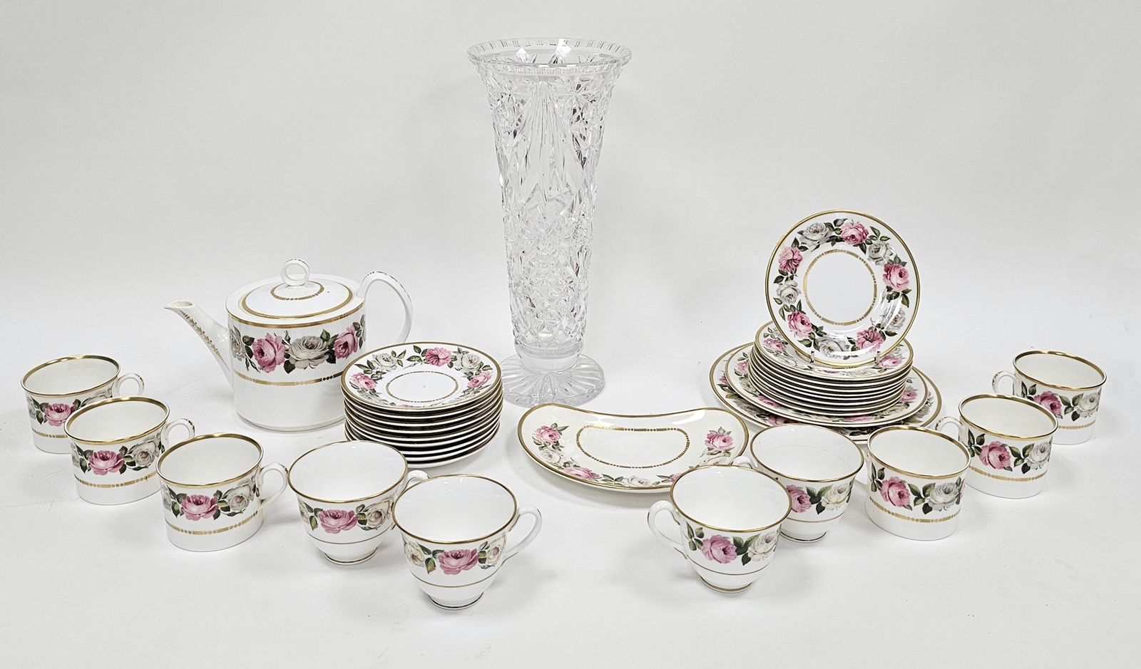 Composite Royal Worcester bone china 'Royal Garden' pattern part tea service, printed iron red