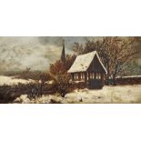 19th century school Oil on canvas Winter scene with lychgate and church spire in distance, unsigned,