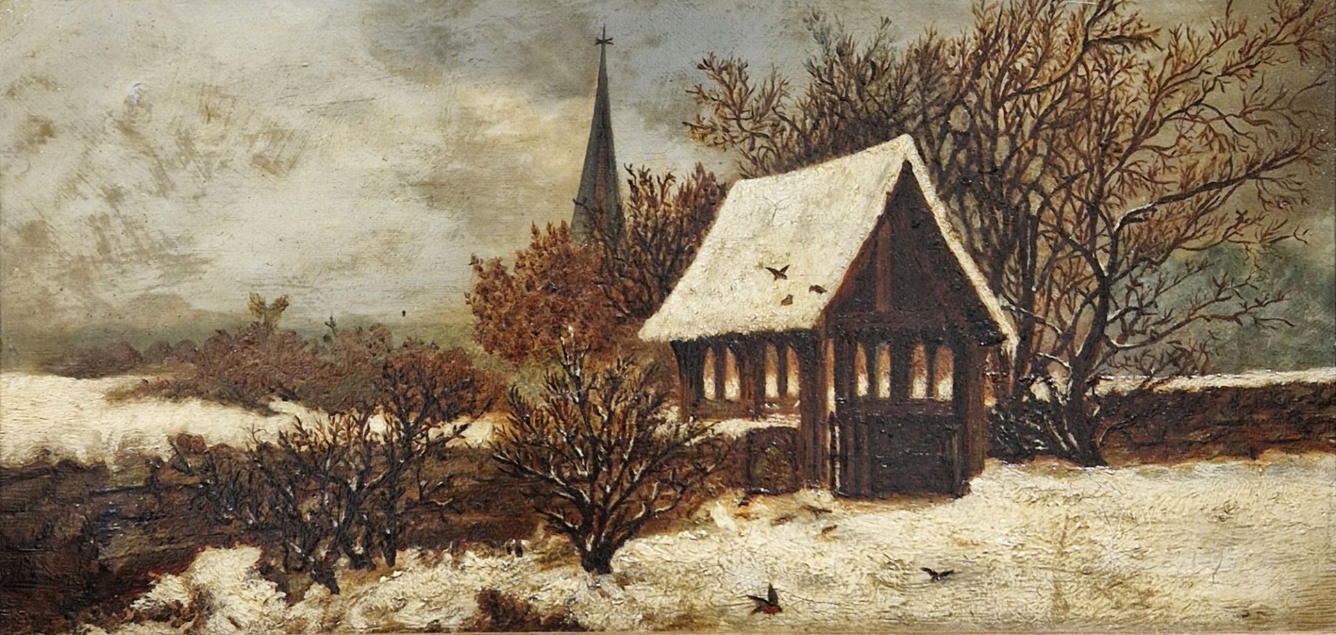 19th century school Oil on canvas Winter scene with lychgate and church spire in distance, unsigned,